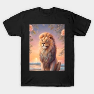 Floral Lion With Beach Sunset Pastel T-Shirt